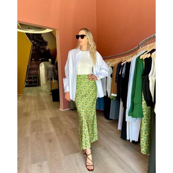 💕FAVORITE DAUGHTER💕 The Gwen Satin Midi Skirt ~ Green Floral Print XL NWOT - Picture 8 of 16